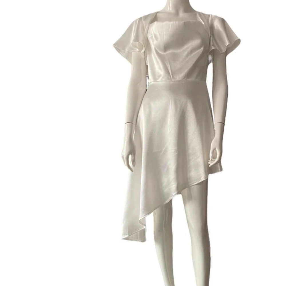 MorrisDay White Satin mini dress with flutter sleeves and assymetrical …